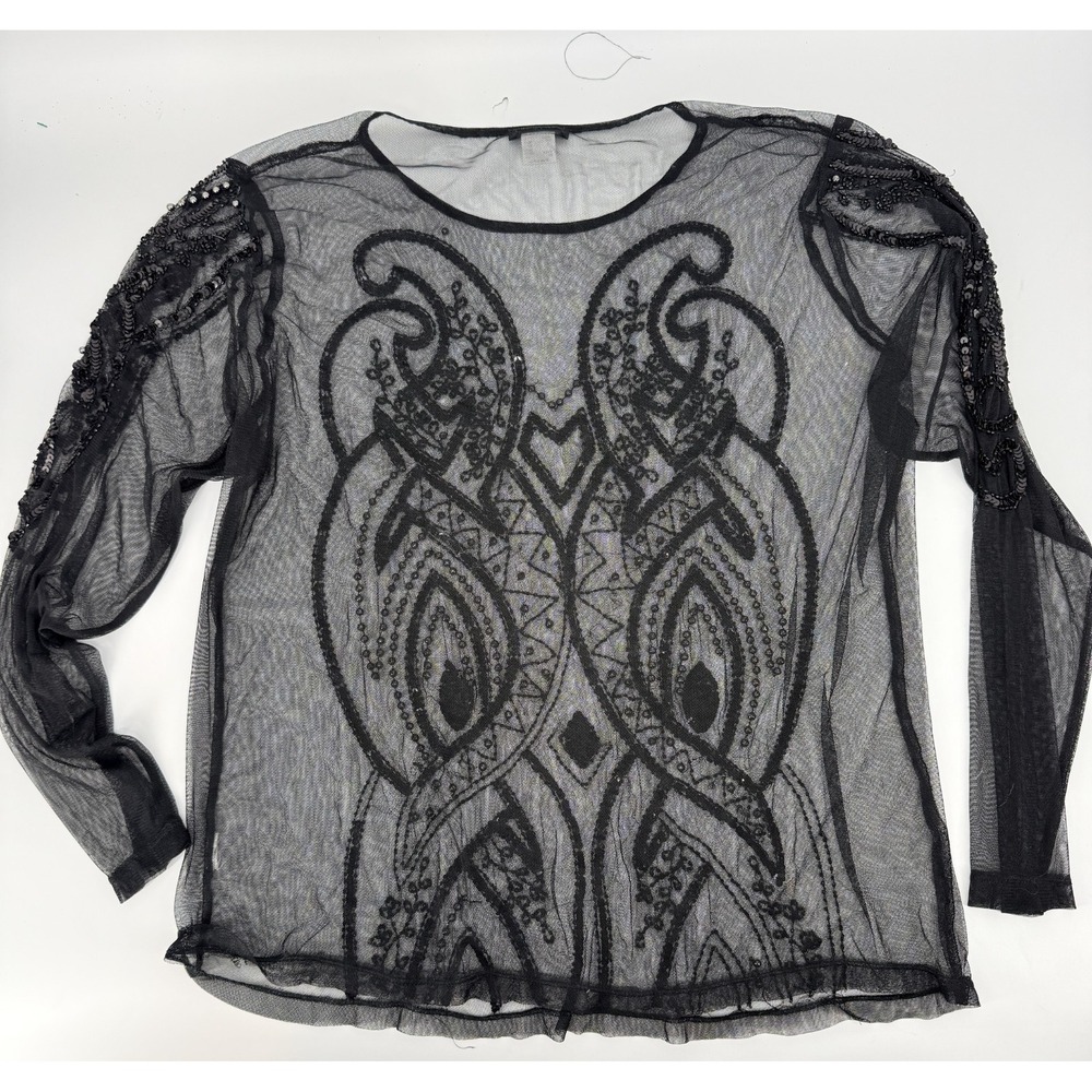 Venus Black Sheer Mesh Beaded Sequin Top Womens 2X Y2K Art Deco Goth Blouse - Picture 2 of 6